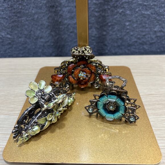 VTG Hair Claw Clip Multicolor Rhinestone Antique Gold Tone Metal Boho Lot of 3 main image 8